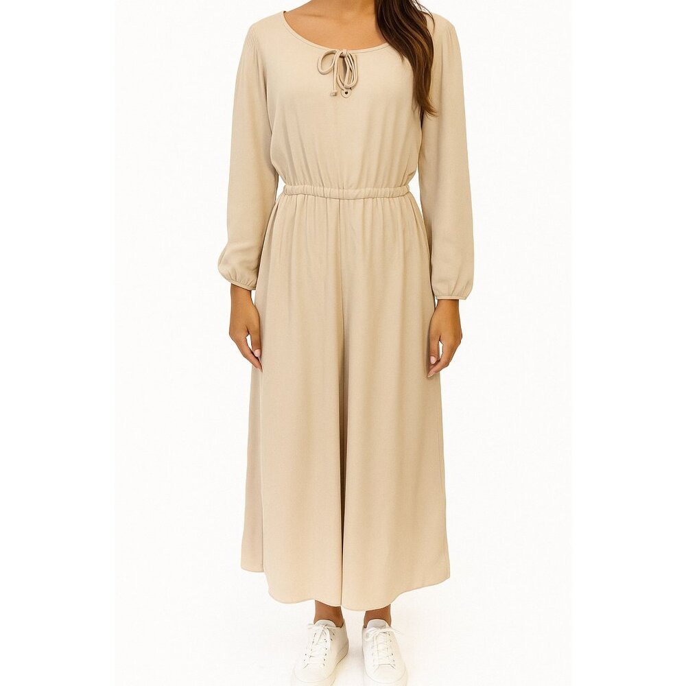 Vintage 70s Tan Maxi Dress Long Sleeve Drawstring Boho Prairie Peasant Retro L